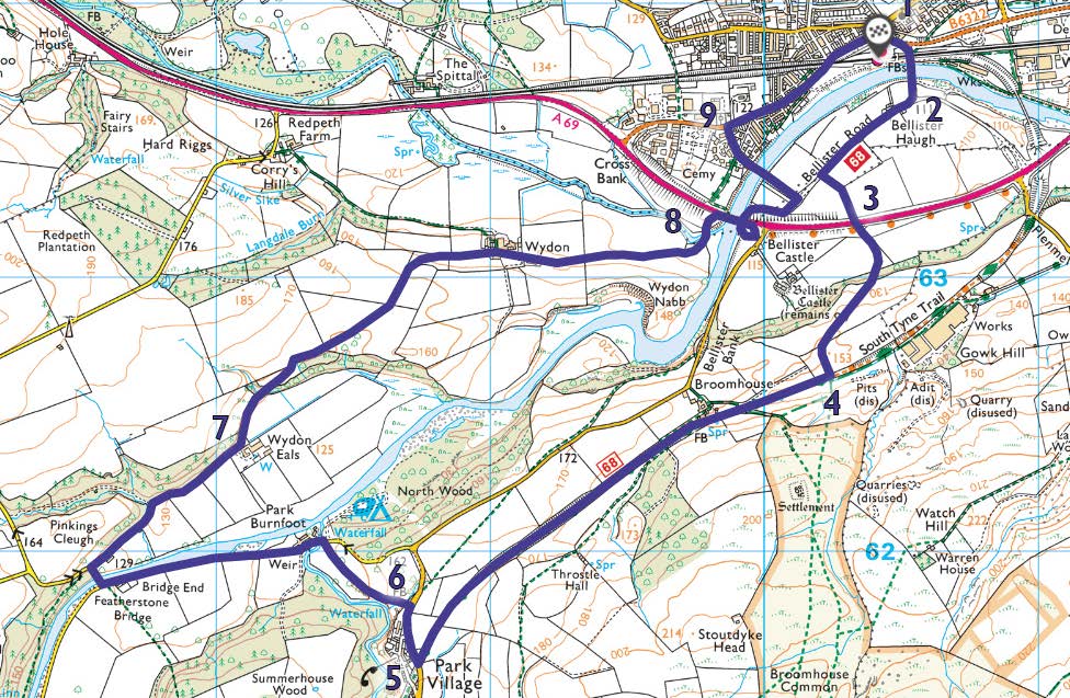 A map of the Haltwhilstle circular walk in Northumberland, starting and ending at Haltwhistle train station.